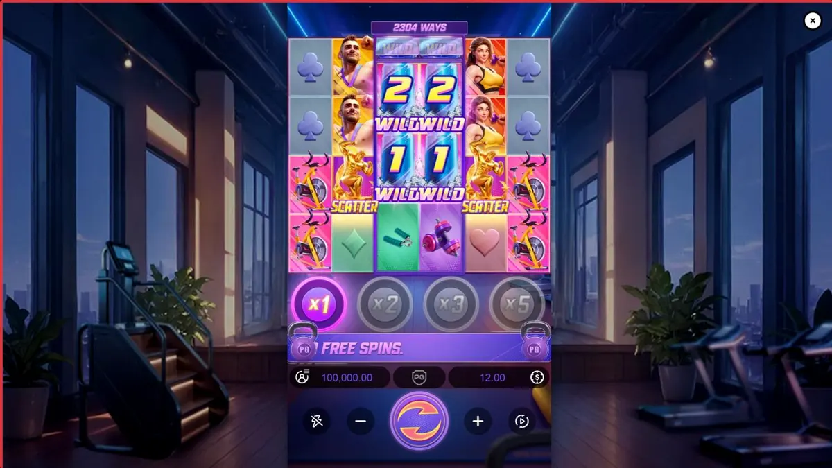 Tampilan antarmuka slot Mighty Mania dengan tema gym dan peralatan kebugaran