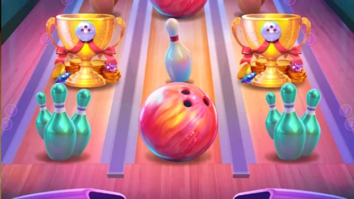 Tampilan visual slot Perfect Strike dengan tema bowling neon